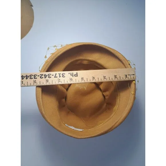 Vtg Glenover Derby Wool Cloche Hat With Netting & Bow Women's Gold Union Made - Picture 10 of 13